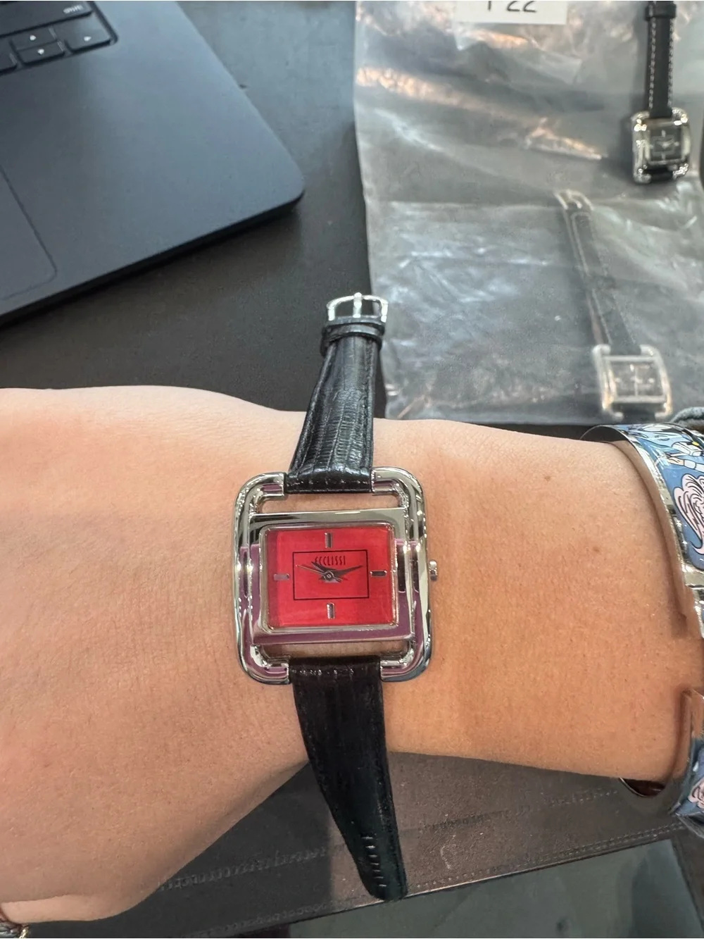 Vintage Ecclissi Silver Square Watch with Red Dial & Black Leather Band